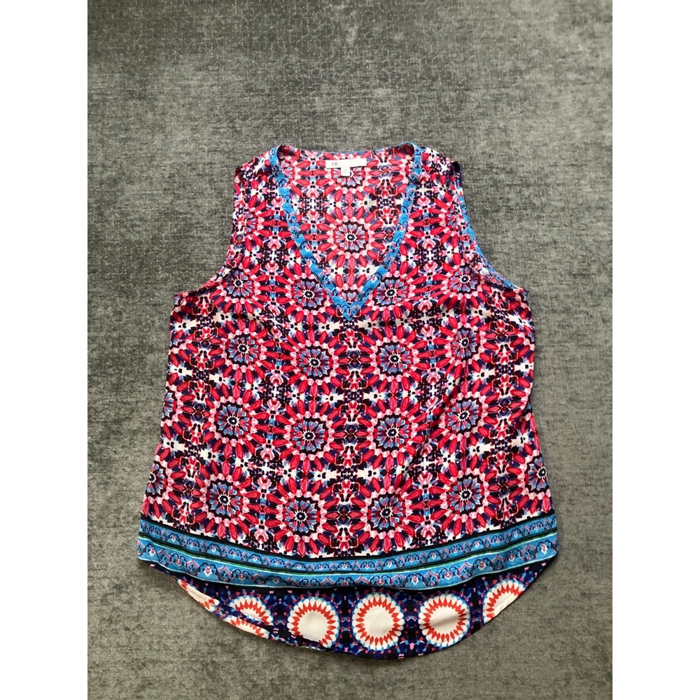 DR2 Tank Top Women Medium Multicolor Medallion Floral V-Neck Preppy High Low Hem